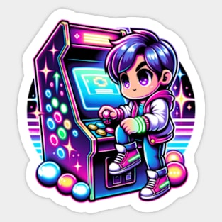 Chibi Boy Retro Neon 80s Video Gamer Cute Sticker